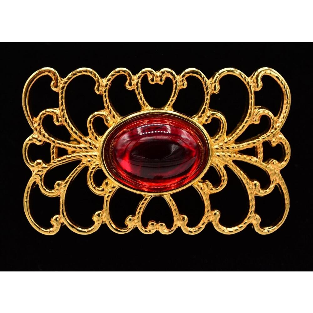 Vintage Red Cabochon Pin Brooch Jelly Gold Tone Rectangle Oval Chunky 1980s BinJ